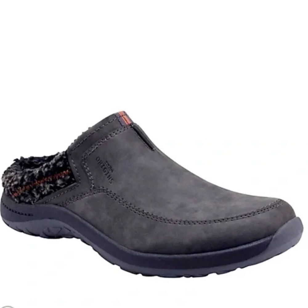 Earth Origins DAXTON Gray Leather Fleece Edge Plaid Lined Slip On Clog Shoes